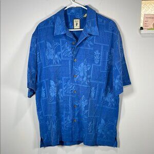 Vintage Jamaica Jaxx Blue 100% Silk Hawaiian Casual Button Down Shirt L